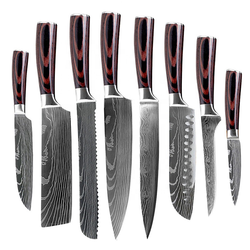 Набор кухонных ножей из японской нержавеющей стали для шеф-повара, нарезки сантоку, лазерный узор, 8 шт. ножей из дамасской стали