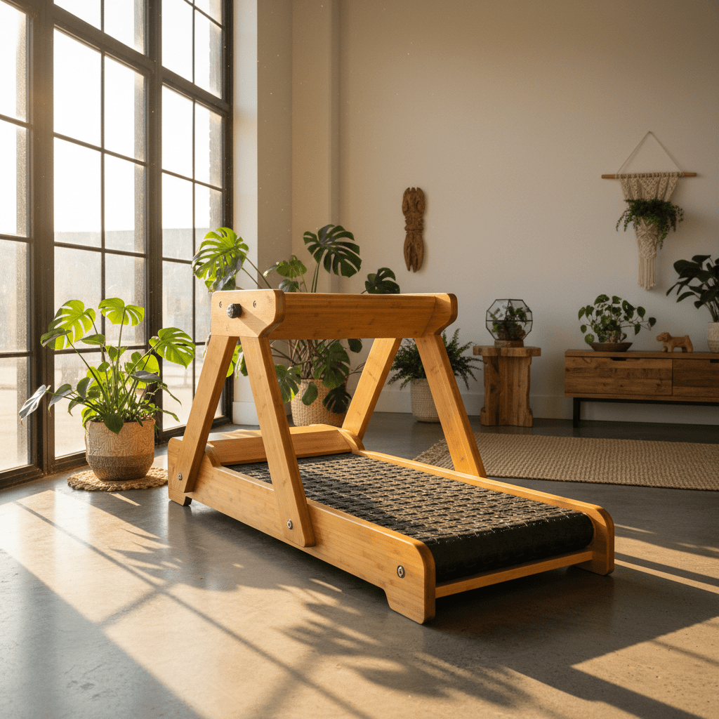 Premium bamboo slatmill for dogs in a sunlit room with greenery.