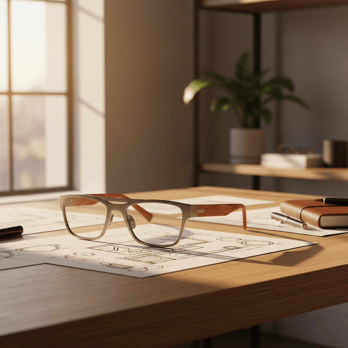 Eyeglasses with warm wooden arms and brushed metal fronts on an oak desk.