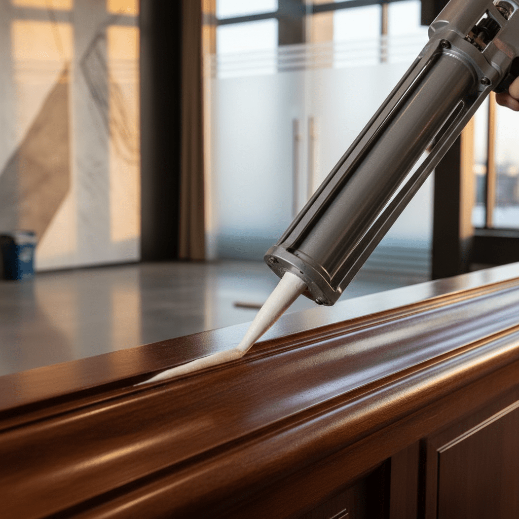 Cordless caulking gun applies adhesive smoothly to curved architectural trim.