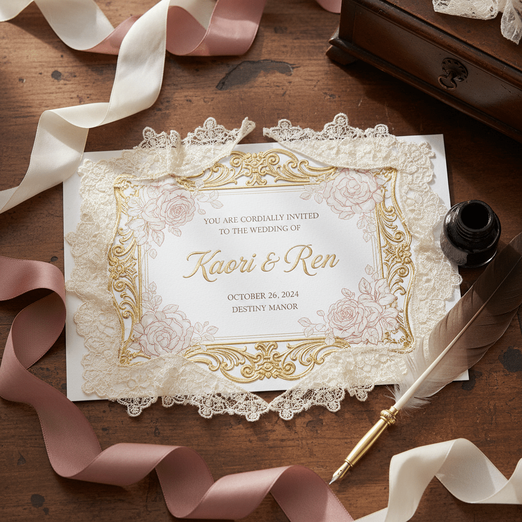 Elaborate wedding invitation with filigree and roses on a vintage desk.