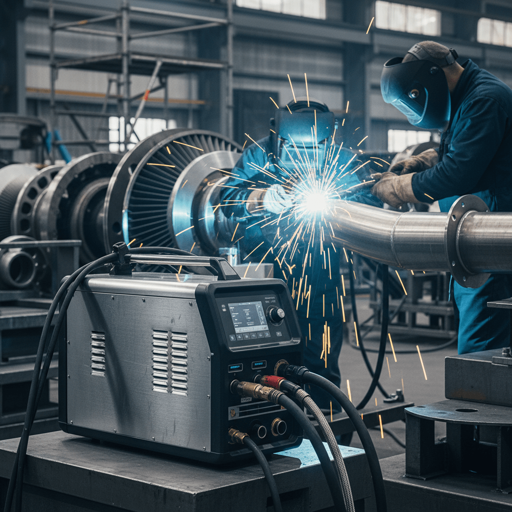 Sophisticated welding plant power unit with illuminated controls and welding leads.