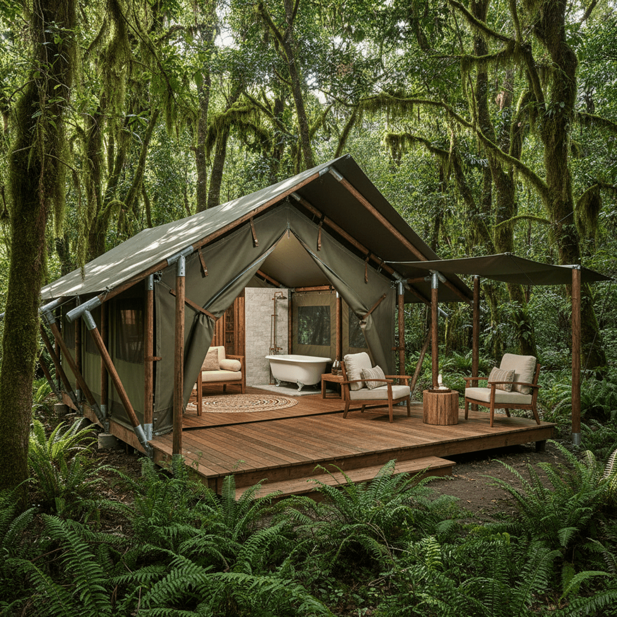 Heavy-duty safari cabin tent in a forest with luxurious interior and veranda.
