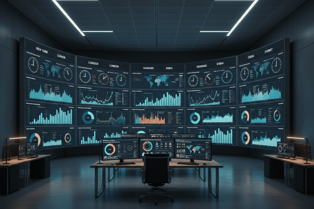 Modern logistics control room managing synchronized global launches Wide shot of logistics control room with digital screens showing global time zones and analytics under ambient light