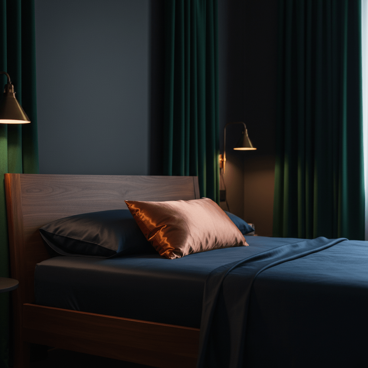 Luxurious bedroom with a copper pillow and deep charcoal walls, creating a moody urban retreat.