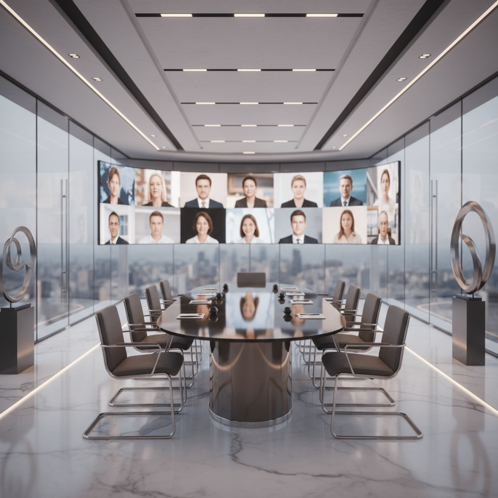 Sleek futuristic boardroom with a large video wall showing life-size conference participants.