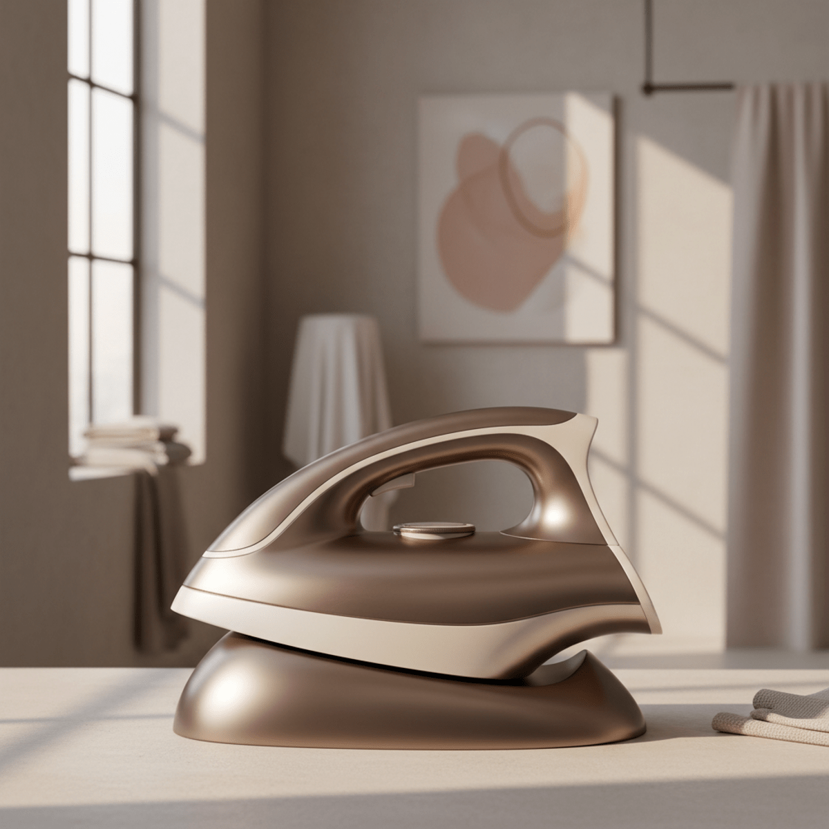 Futuristic cordless ironing machine with organic curves in brushed bronze.