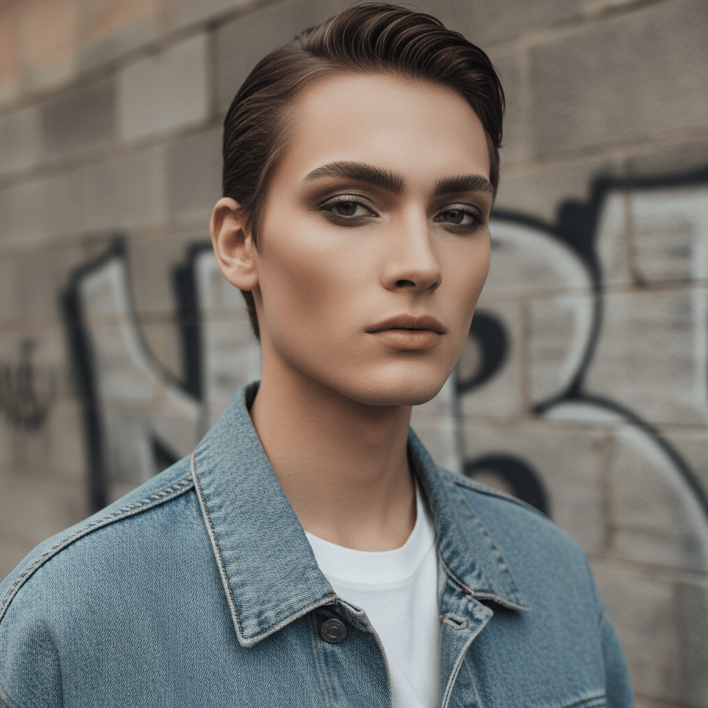 Androgynous model with 90s eyebrows and matte makeup in urban setting.
