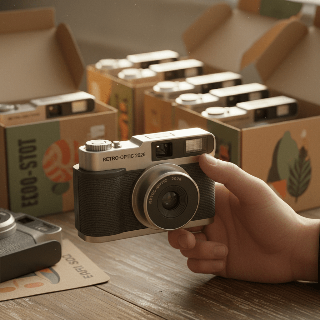Hand holding a disposable camera with textured grip and metallic accents.