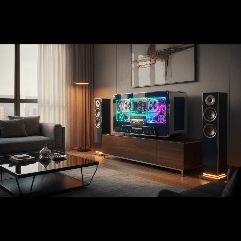 Luxury VCR player with transparent panels in a contemporary living room.