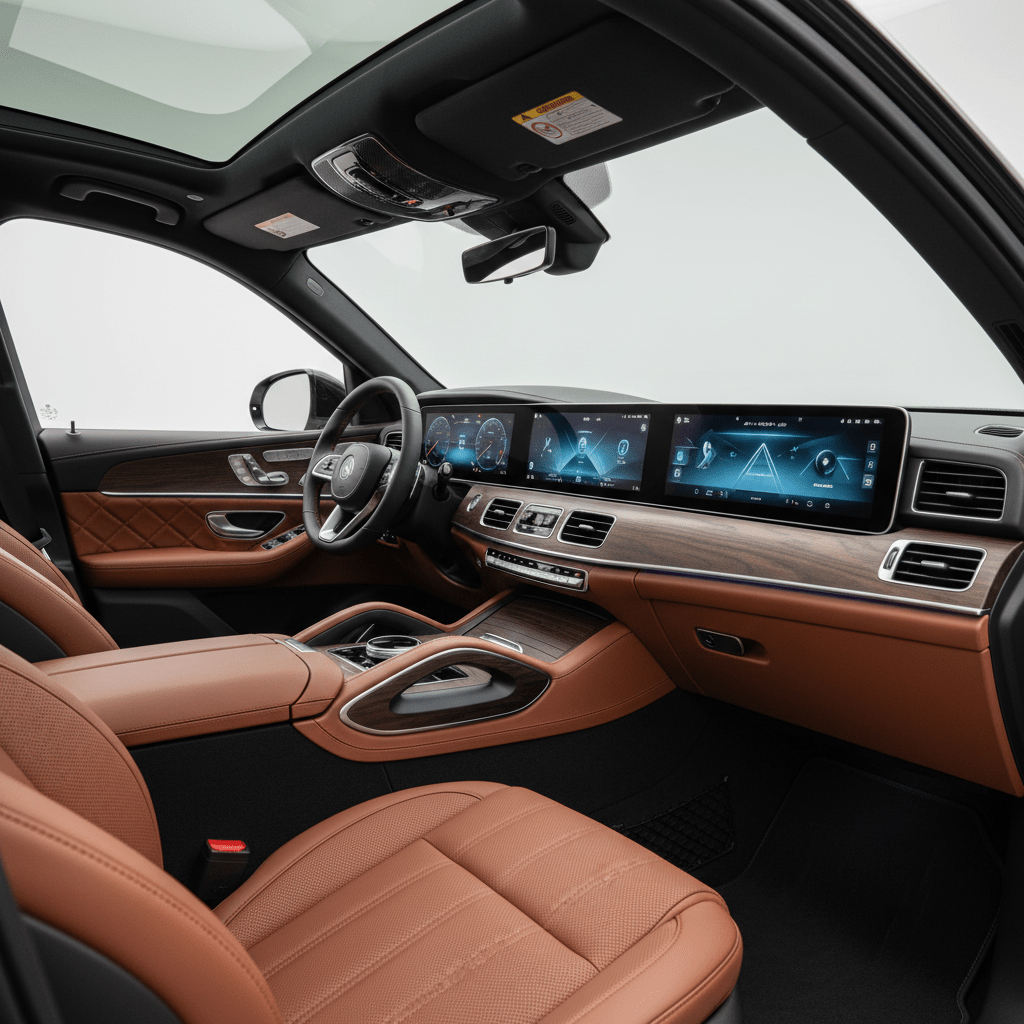 Luxurious midsize SUV interior with dual screens and warm chestnut leather.