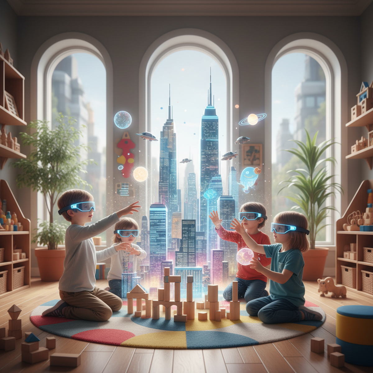Children in futuristic playroom with AR glasses interacting with digital metropolis.