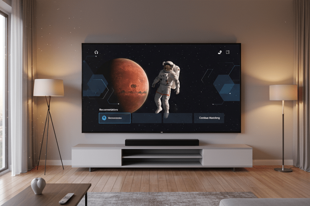 Wide shot of living room with smart TV showing astronaut on Mars under soft ambient lighting
