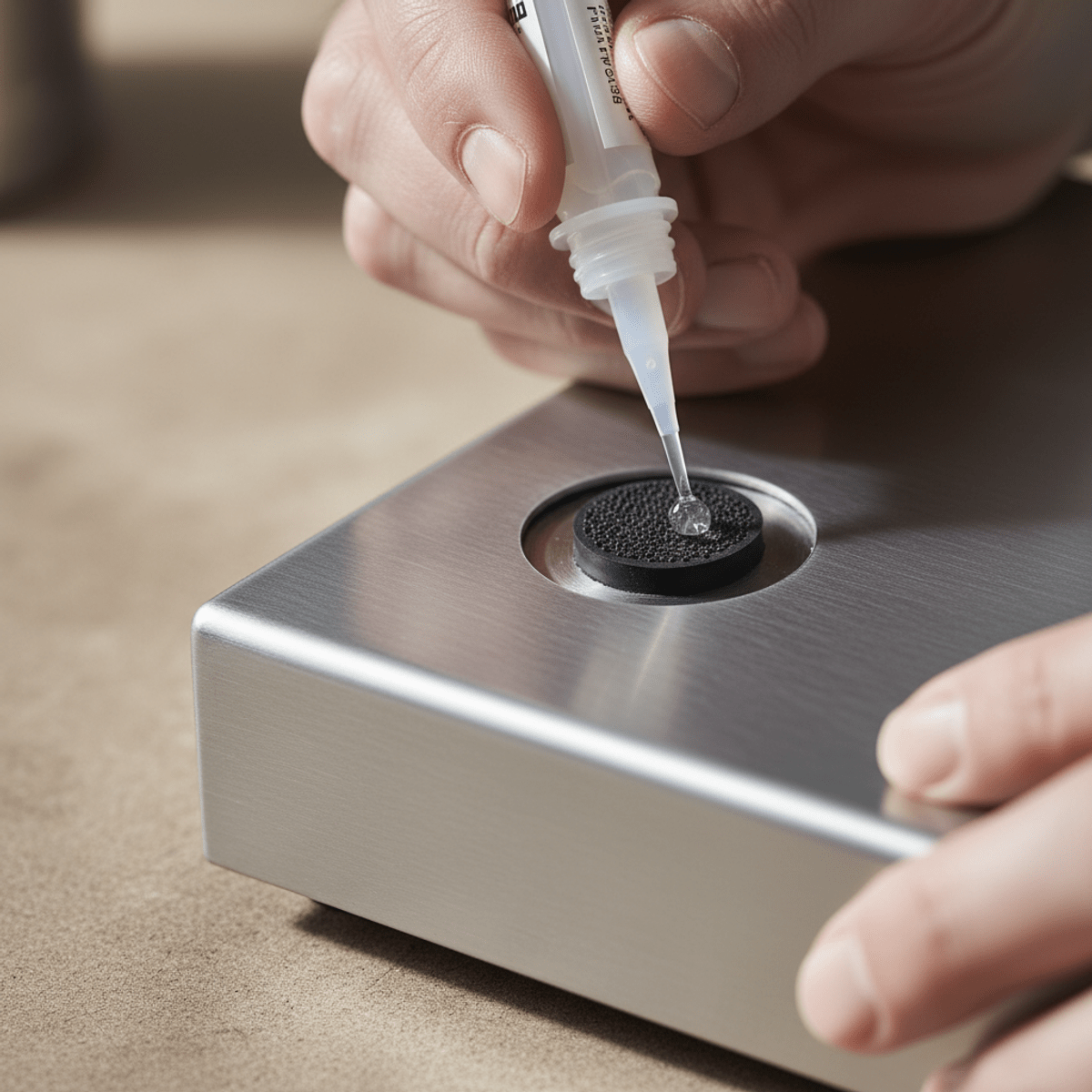 Hands precisely applying clear adhesive to a black rubber foot for a stainless steel appliance.