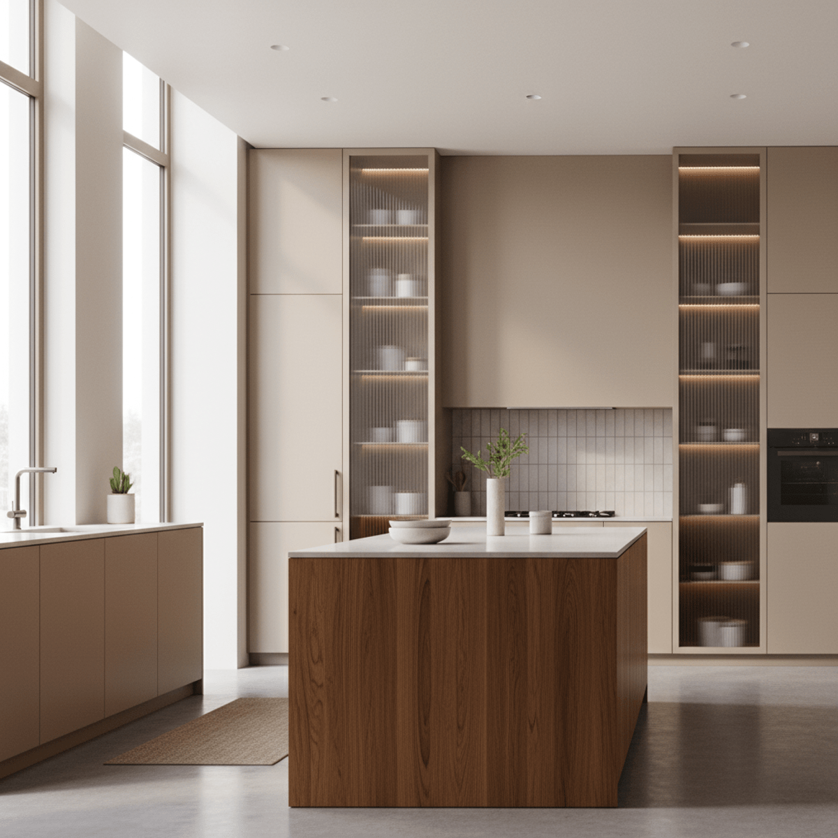 Modern kitchen with fluted oak island and reeded beige cabinets, bathed in soft daylight.
