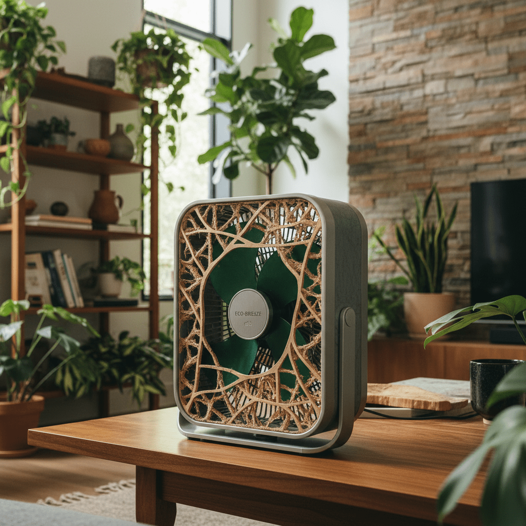 Eco-friendly box fan in lush living room Box fan made from recycled plastics and bamboo in a biophilic living room.