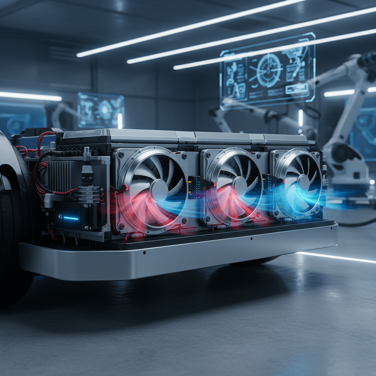 Electric vehicle chassis cooling system with infrared thermal gradients. Cutaway of electric vehicle chassis showing battery pack and advanced cooling fans.