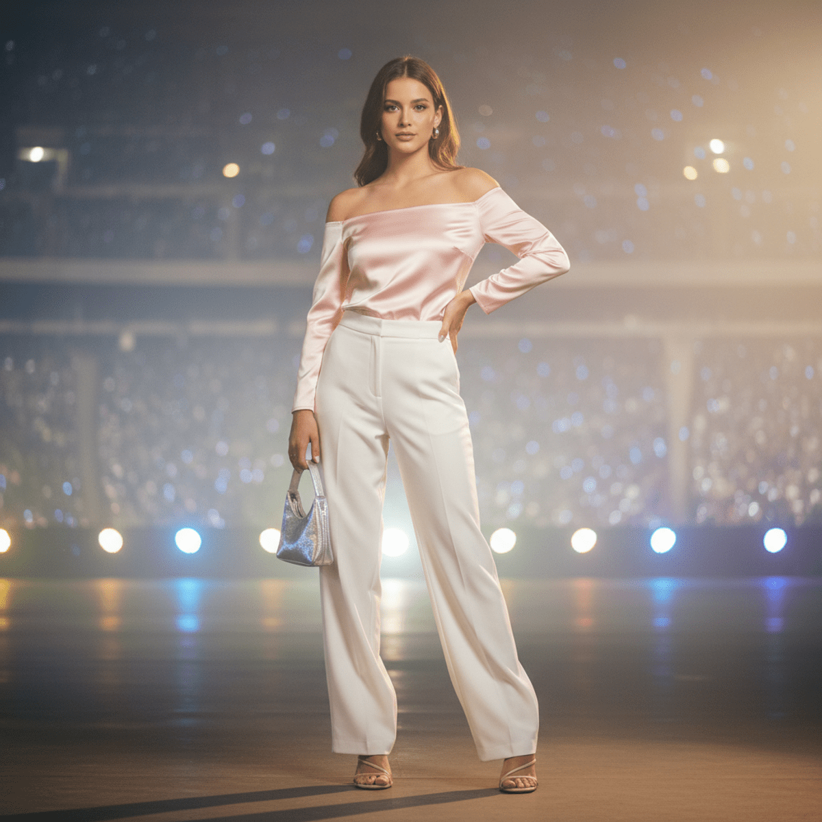 Stylish woman backstage at concert, soft lighting. Young woman in pink satin top and white trousers backstage at concert.