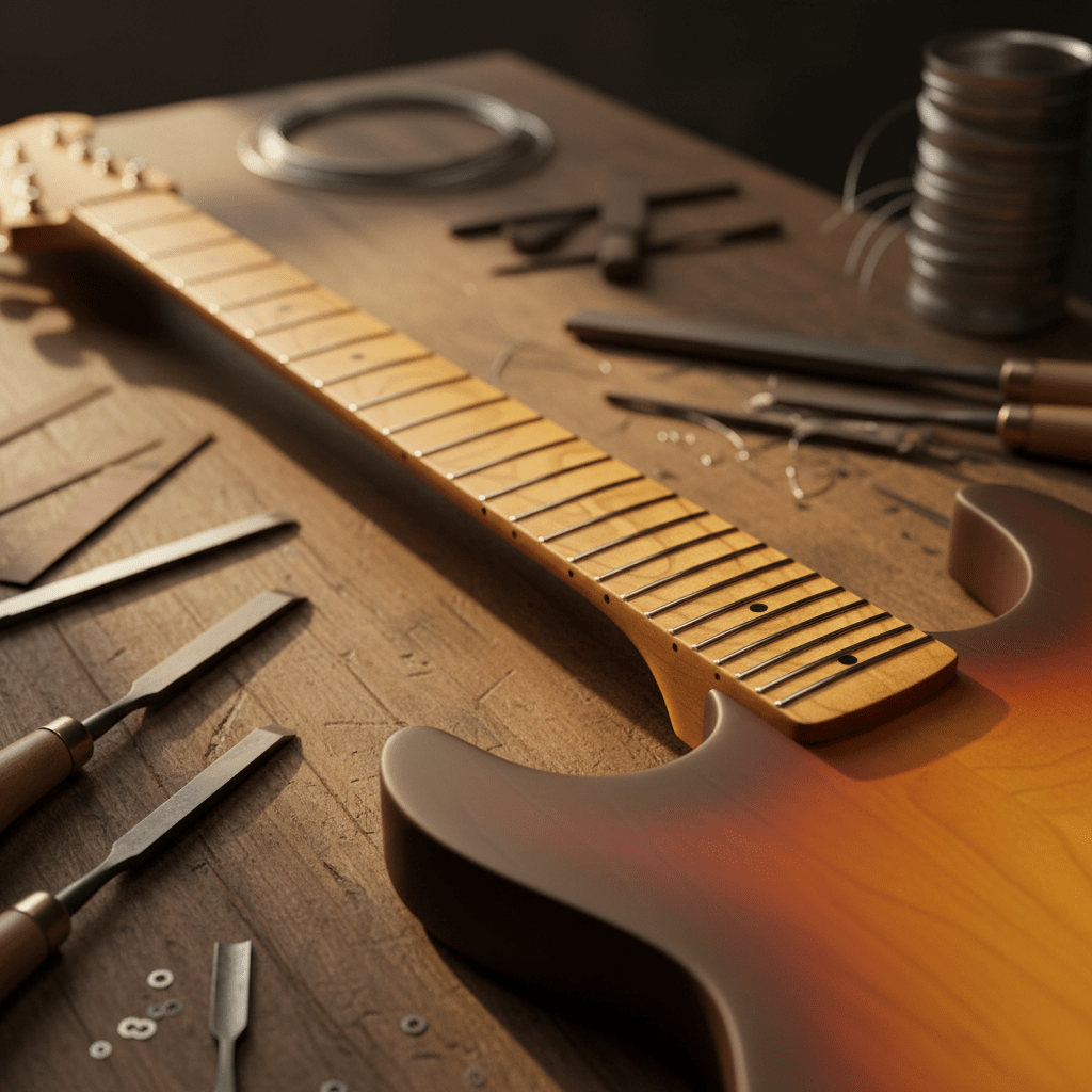 Roasted maple baritone guitar neck with honey tones on a sunburst body.