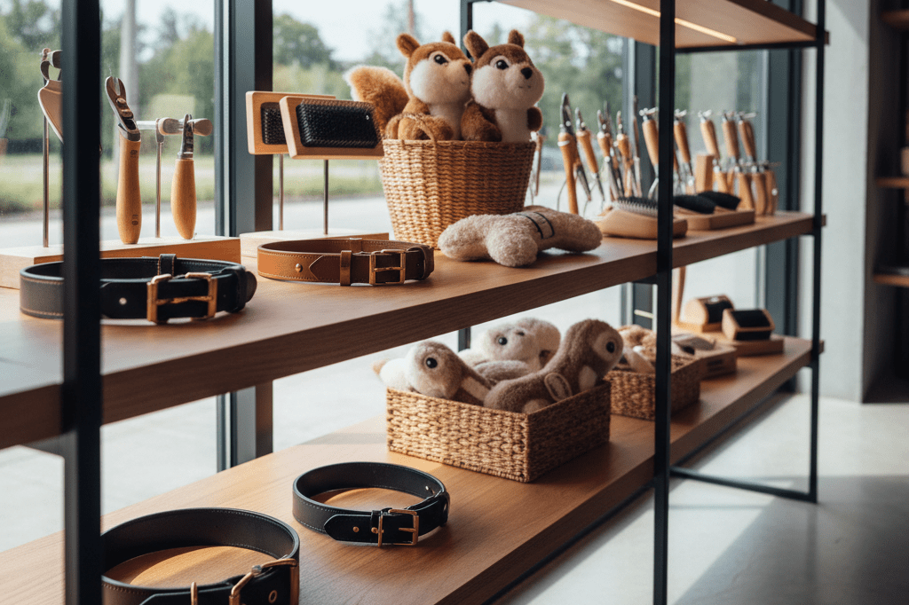 Premium Pet Accessories Display for Trend-Driven Retailers Close-up of high-end pet products arranged elegantly on wooden shelves under natural light, showcasing breed-focused merchandising trends