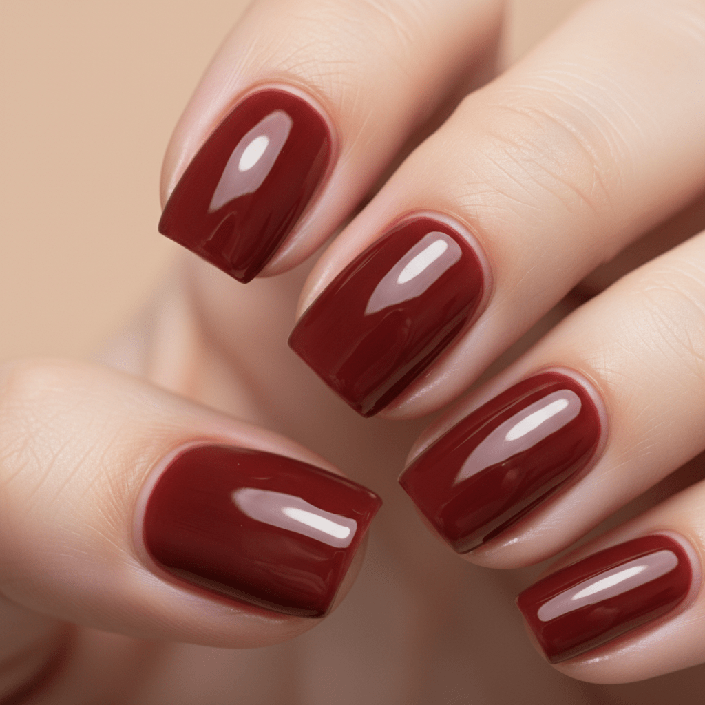Macro shot of short squoval nails in a glossy cherry cola hue with jelly texture.