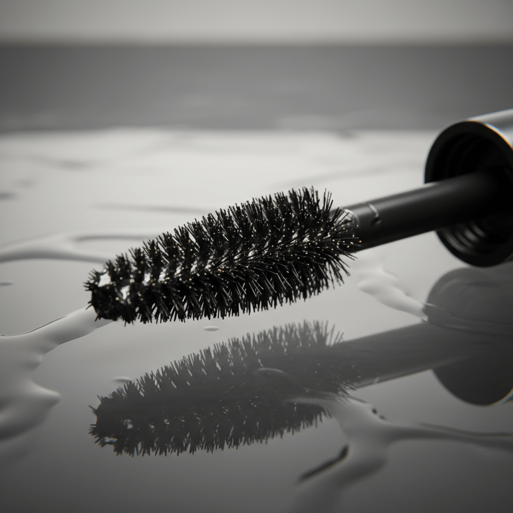 Sleek black mascara wand with glossy serum fibers and subtle shimmer on glass.
