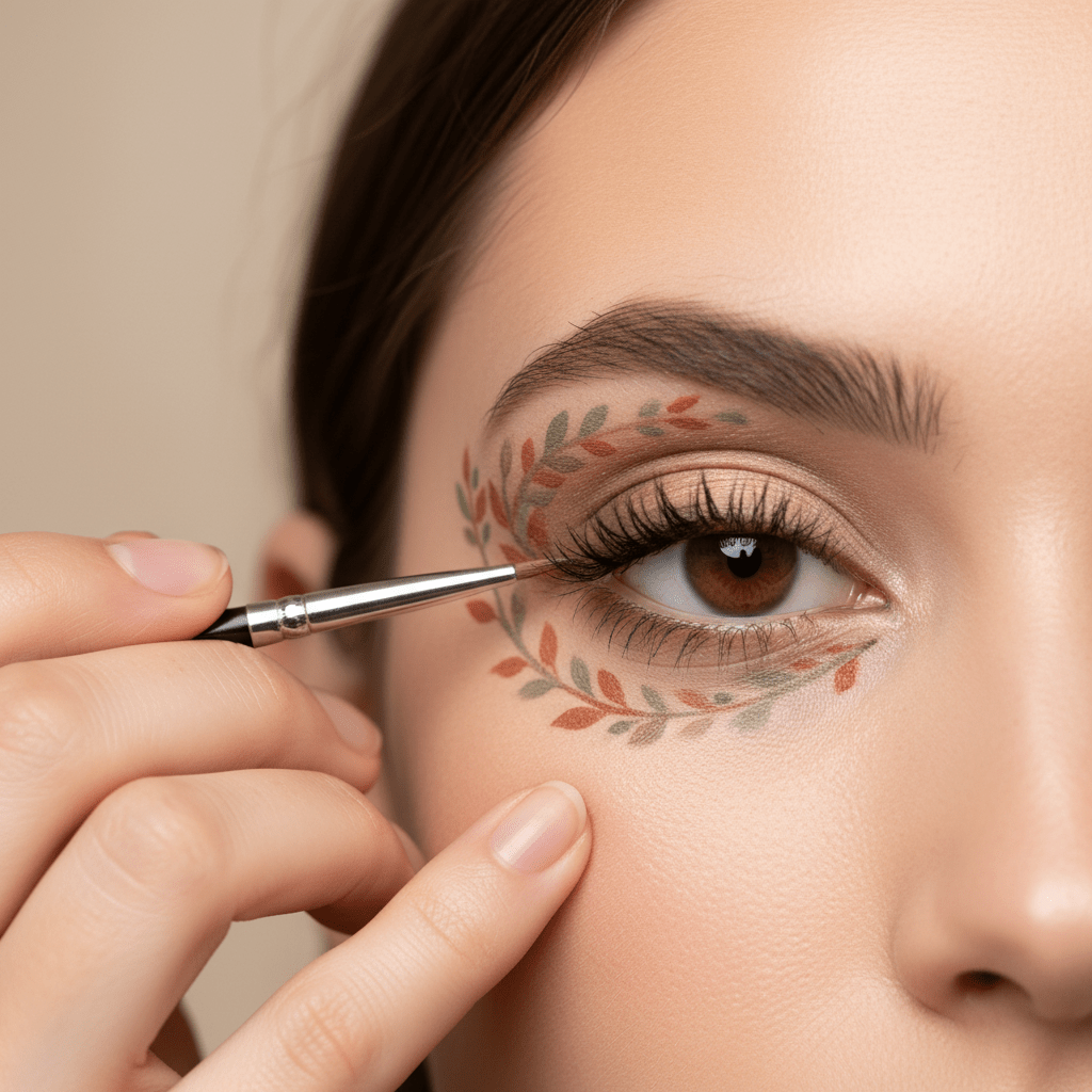 Makeup artist applies botanical eyeliner patterns with earthy hues around a model's eye.