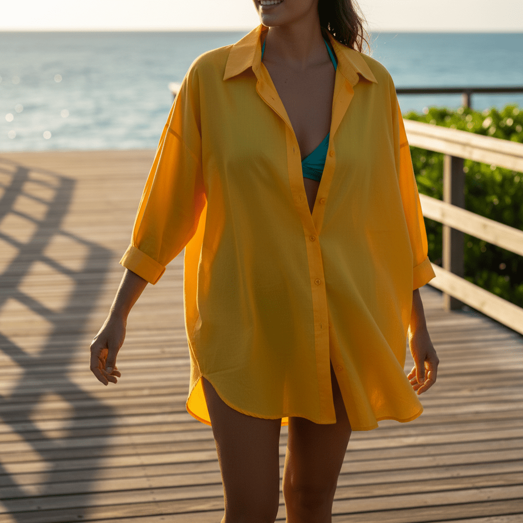 Oversized yellow cotton shirt open over turquoise bikini on tropical boardwalk.