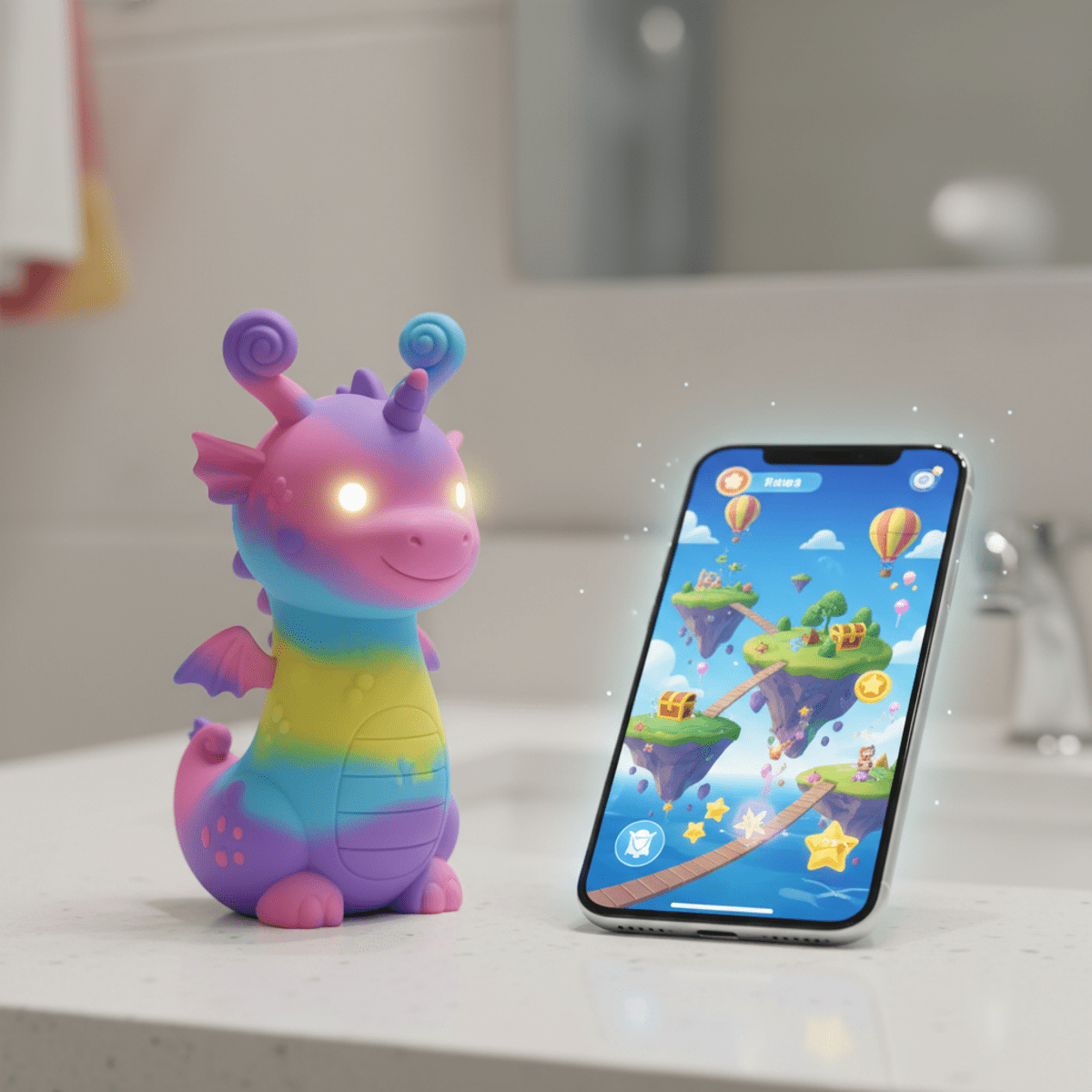 Vibrating cartoon animal toothbrush with AR adventure scene on bathroom counter.