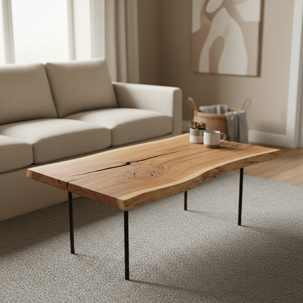 Minimalist reclaimed wood coffee table with live edges in a serene, earth-toned living room.