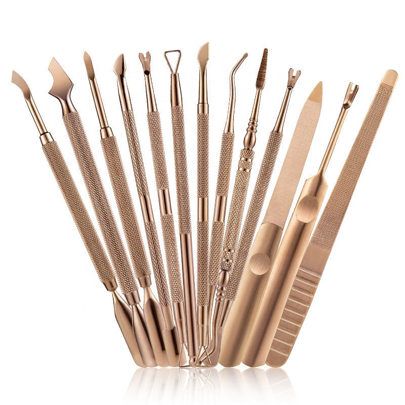 Высокое качество 13 шт. цвета: золотистый, пилочка для ногтей из нержавеющей стали пуш-ап многофункциональный очиститель и нейл-арта для удаления