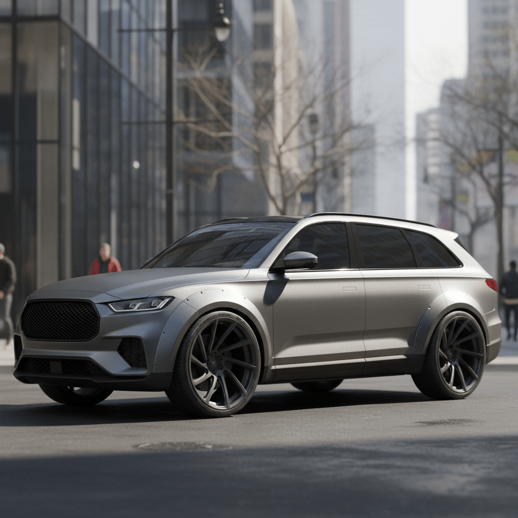 Powerful wide-body SUV with concave 20-inch wheels on an urban street.