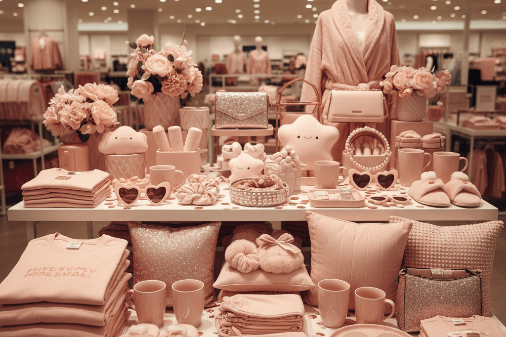 Vibrant pink merchandise display for movie themed retail events Pink apparel and accessories on a retail table under warm lights, symbolizing movie event sales