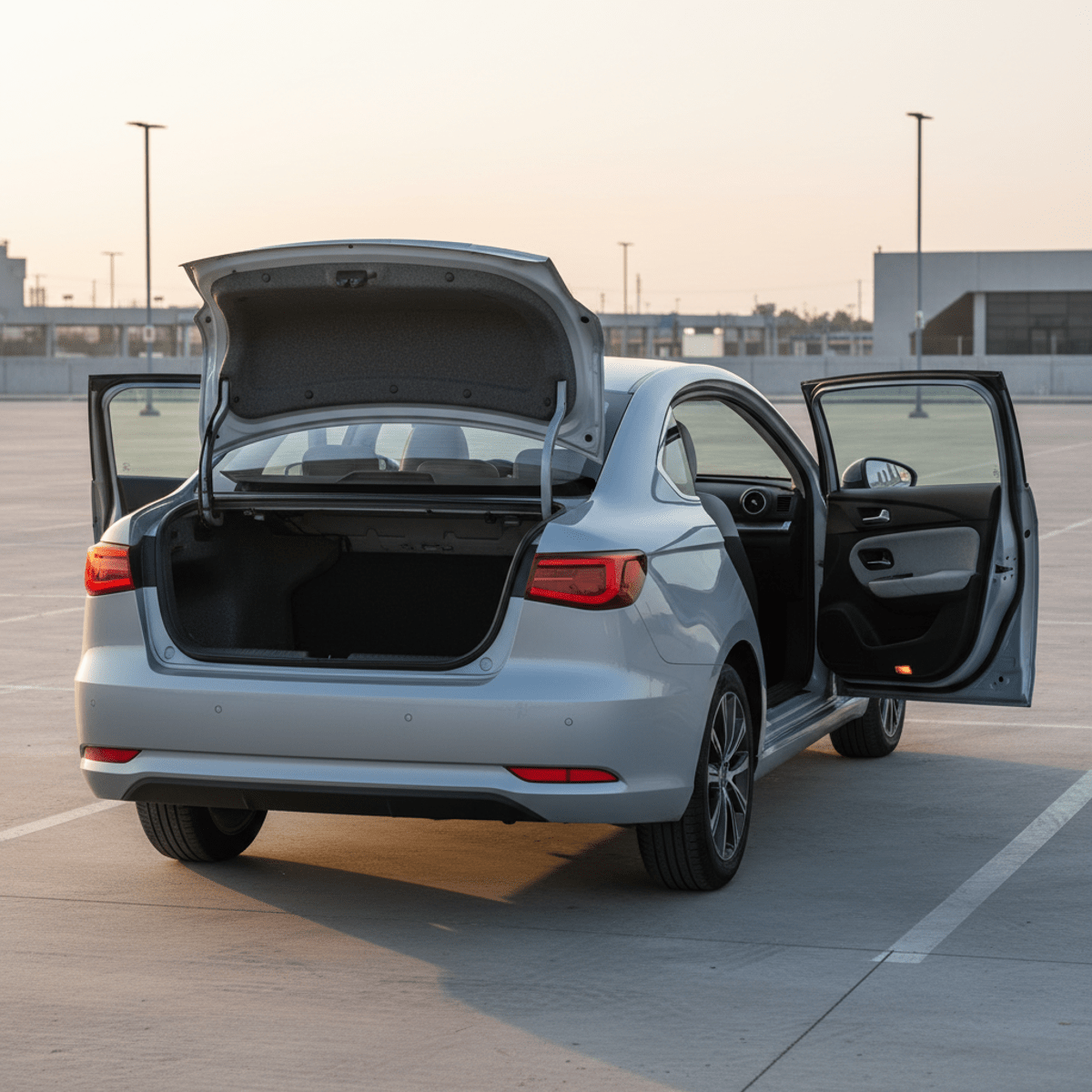 Minimalist sedan with open trunk, showcasing ample cargo space and interior features.