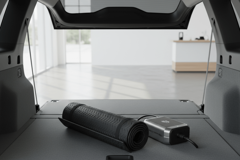 Medium shot of an electric SUV's open rear cargo area showing flat load floor and adventure accessories in a well-lit retail showroom