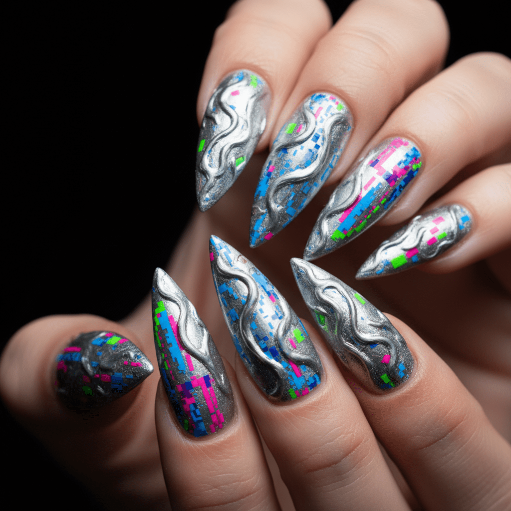 Sharp almond and stiletto nails with holographic chrome, pixelated lines, and metallic finishes.