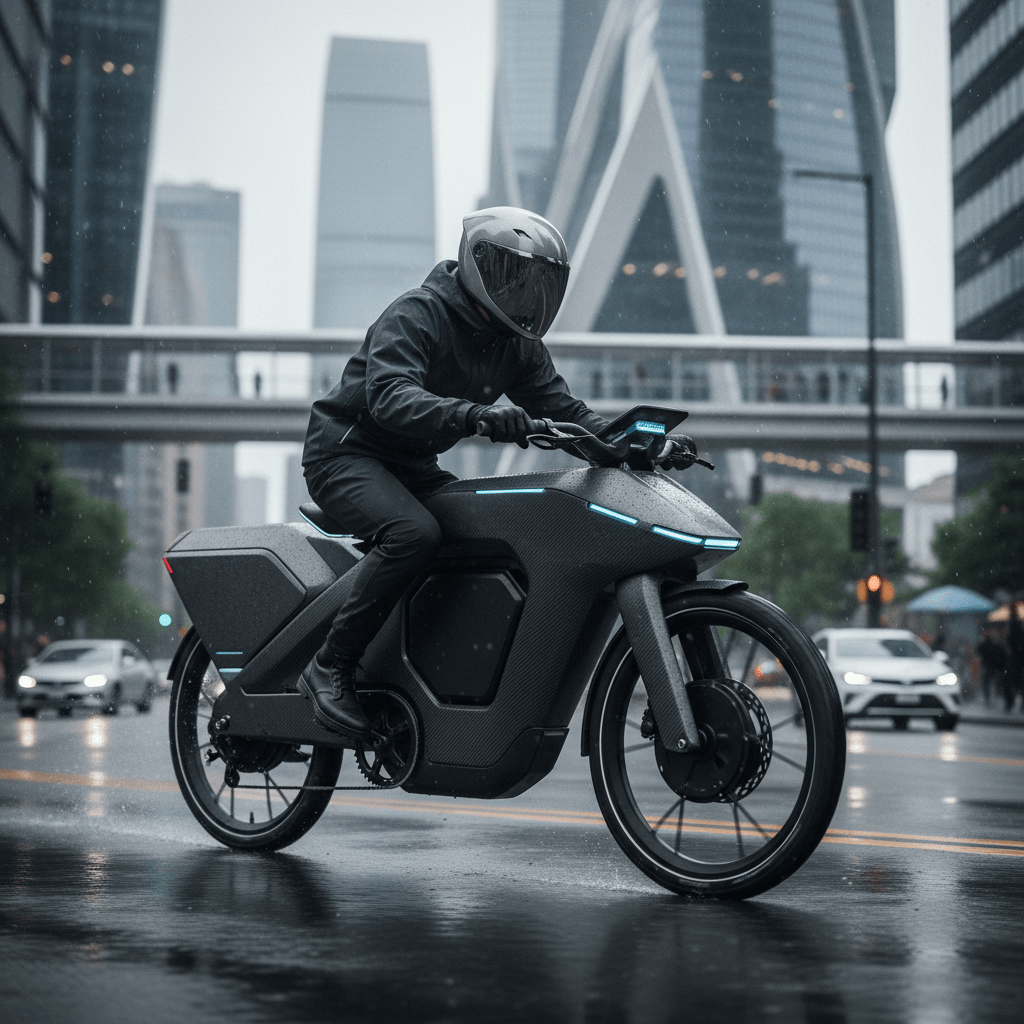 Sleek futuristic e-bike with matte black casing rides through a rainy urban street.