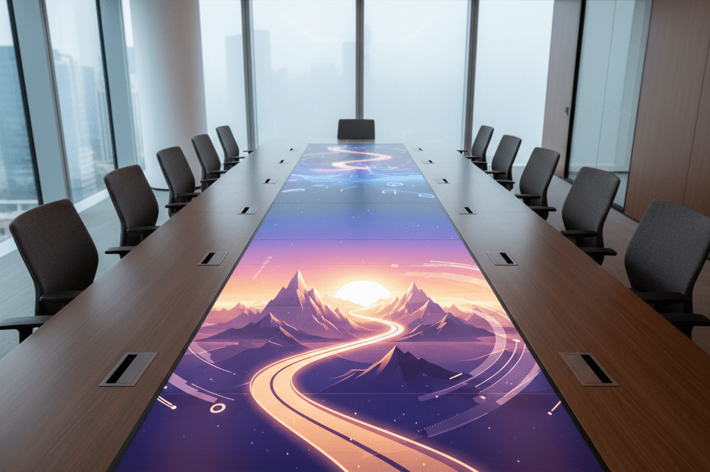 Wide shot of a conference room featuring a cinematic storytelling-style product presentation on a digital screen