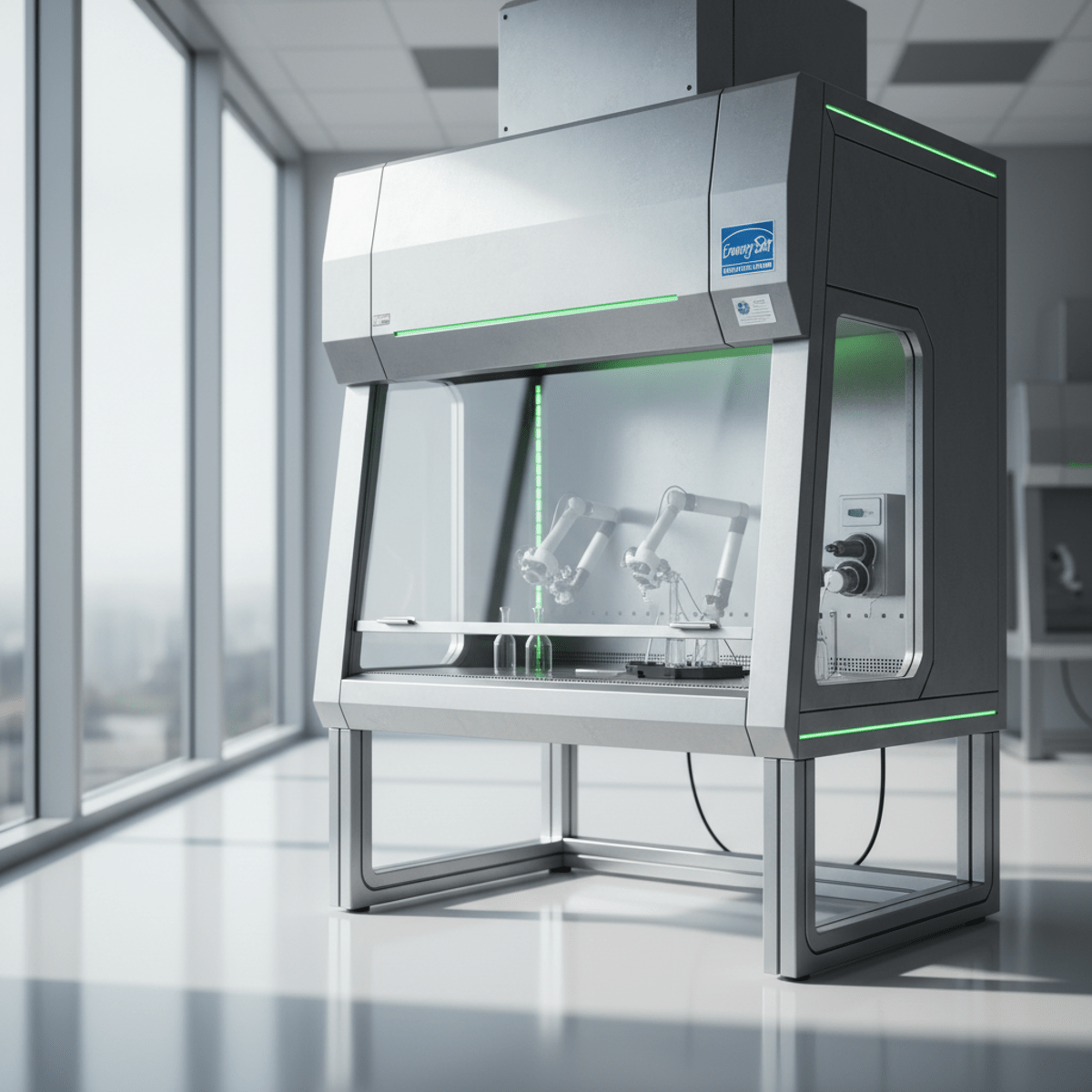Advanced laboratory with a sleek laminar flow hood, brushed aluminum, and green LED accents.