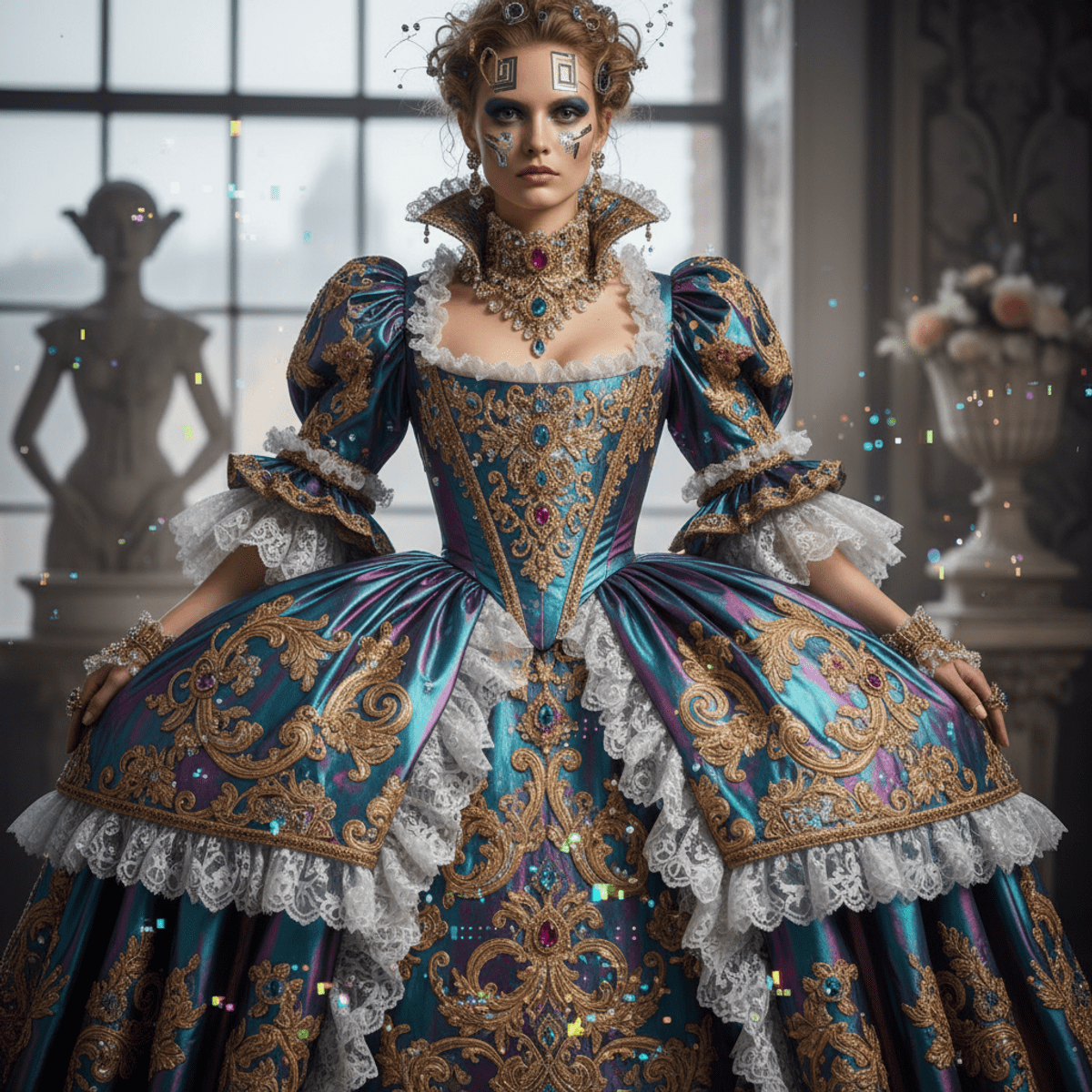Model in a high-tech, light-reflective rococo gown with gilded embroidery and pixelated designs.