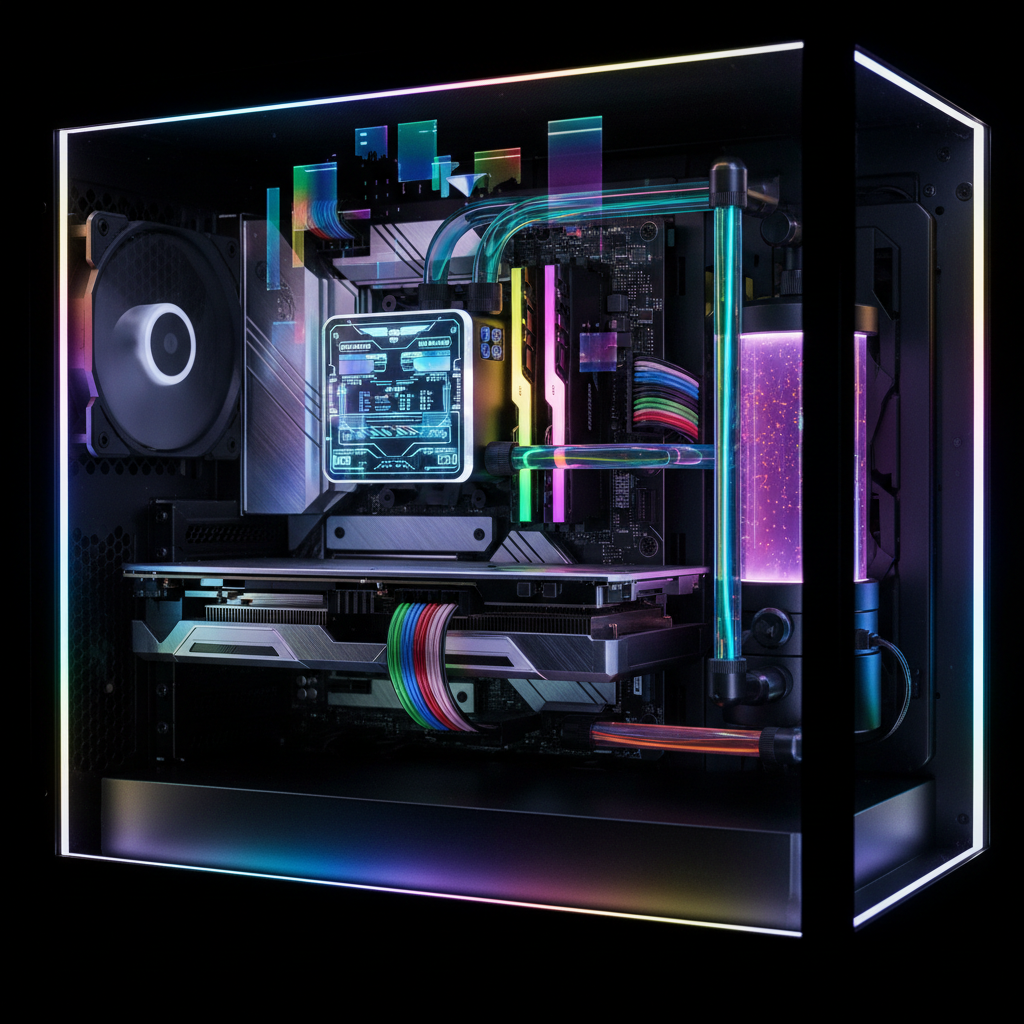 Aggressive RGB PC interior with OLED CPU cooler displaying holographic system data.