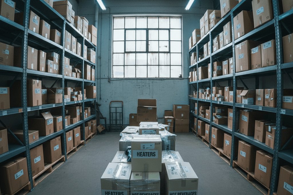 Partially stocked retail warehouse with cold-weather goods under natural light, showcasing inventory readiness amid weather-driven demand