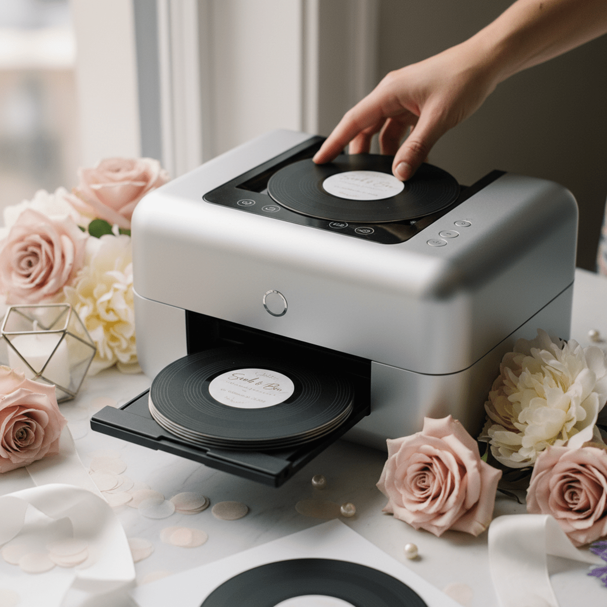 Event decorator prints custom vinyl-style party favors with calligraphy for a wedding.