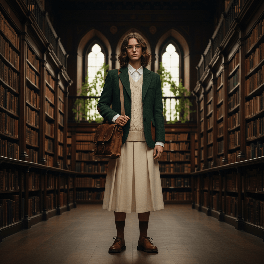 Young adult in vintage tweed blazer and wool skirt in a historic library.