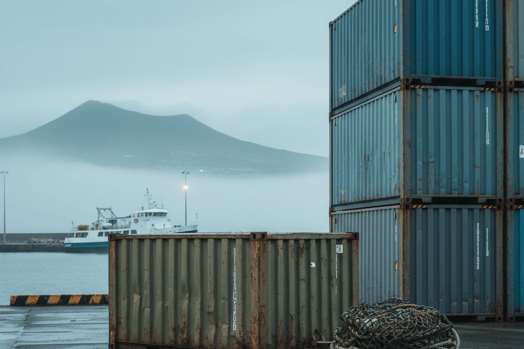 Medium shot of weathered shipping containers at an Azores island harbor during calm morning recovery operations after a storm