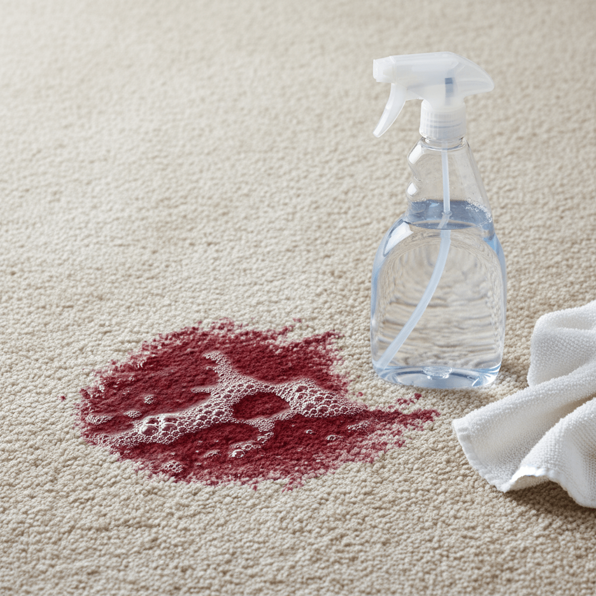 Carpet cleaner spray on beige carpet with a red wine stain being removed.