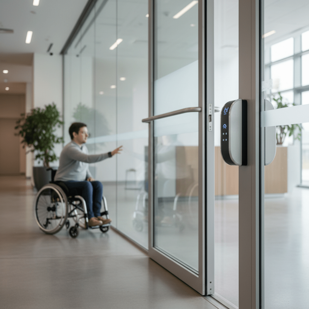 AI-assisted automatic door opener welcomes a wheelchair user in a modern building.