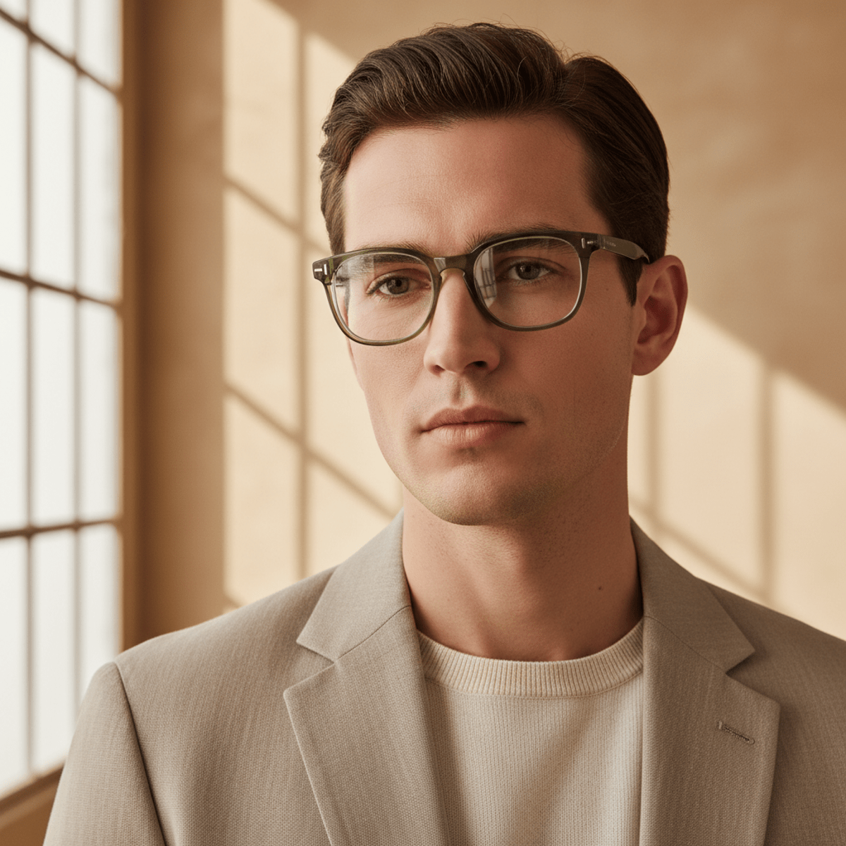 Man wearing semi-transparent olive green rectangular acetate glasses in studio.