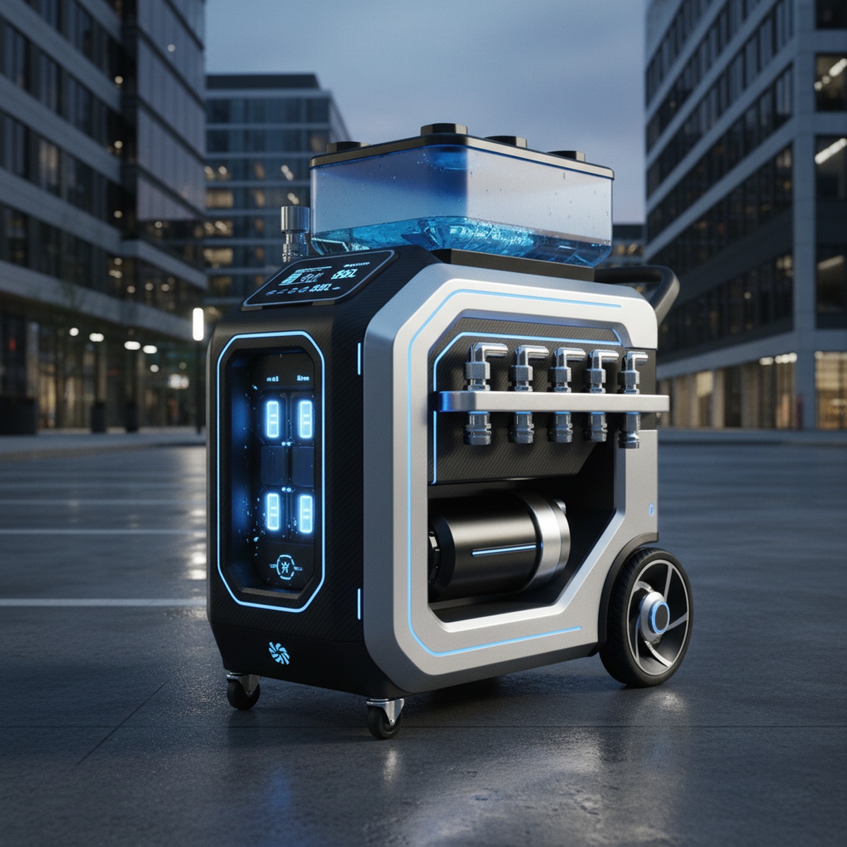 Sleek, futuristic mobile pressure washer on a wheeled cart for advanced car detailing.