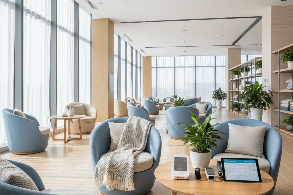 Interior of a senior wellness space with ergonomic furniture and health tech under natural lighting, symbolizing aging consumer trends